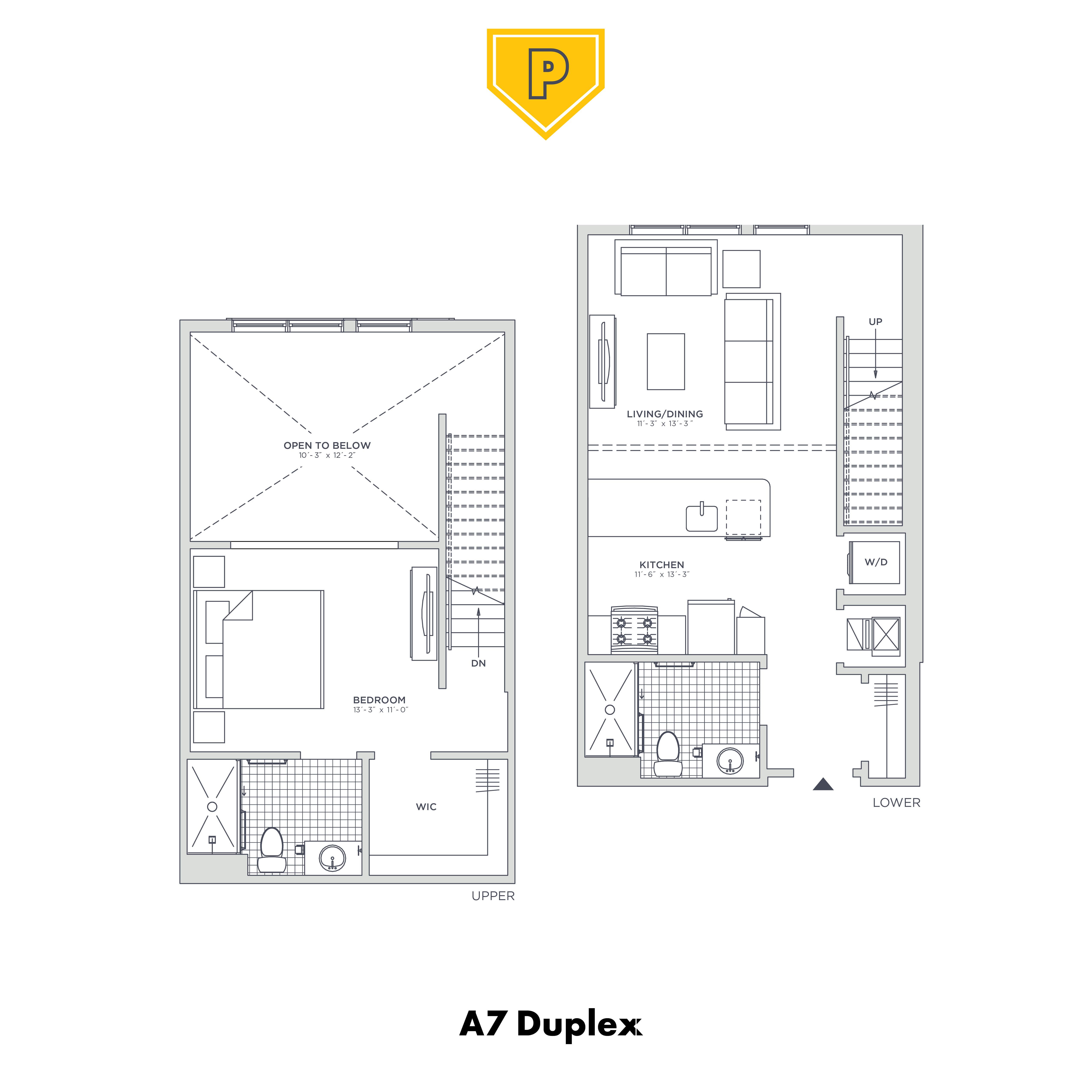 Floor plan for 1 bed, 2 baths, 844 sqft